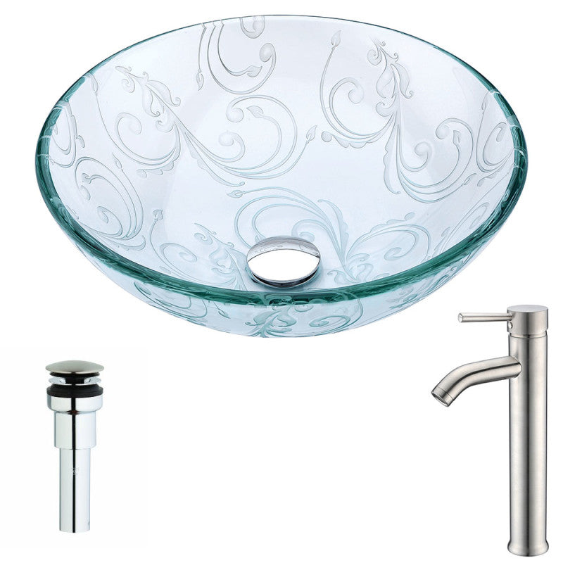 LSAZ065-040 - Vieno Series Deco-Glass Vessel Sink in Crystal Clear Floral with Fann Faucet in Brushed Nickel
