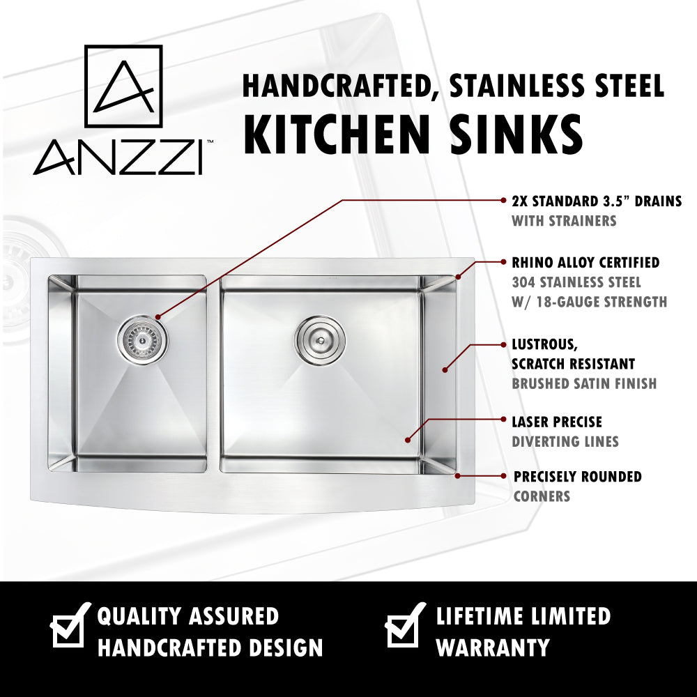 ELYSIAN Series 36 in. Farm House 40/60 Dual Basin Handmade Stainless Steel Kitchen Sink