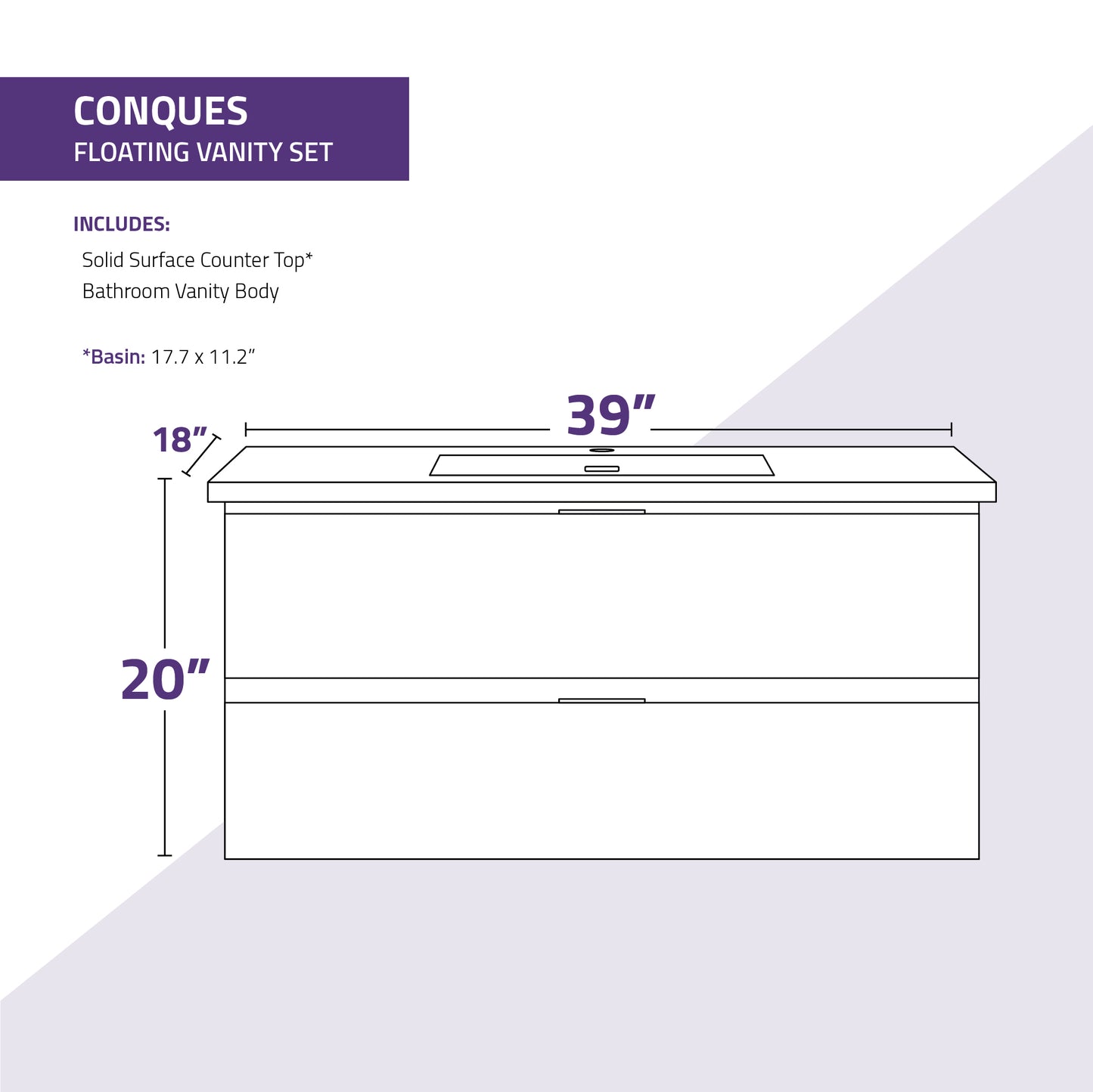Conques 39 in W x 20 in H x 18 in D Bath Vanity with Cultured Marble Vanity Top in White with White Basin