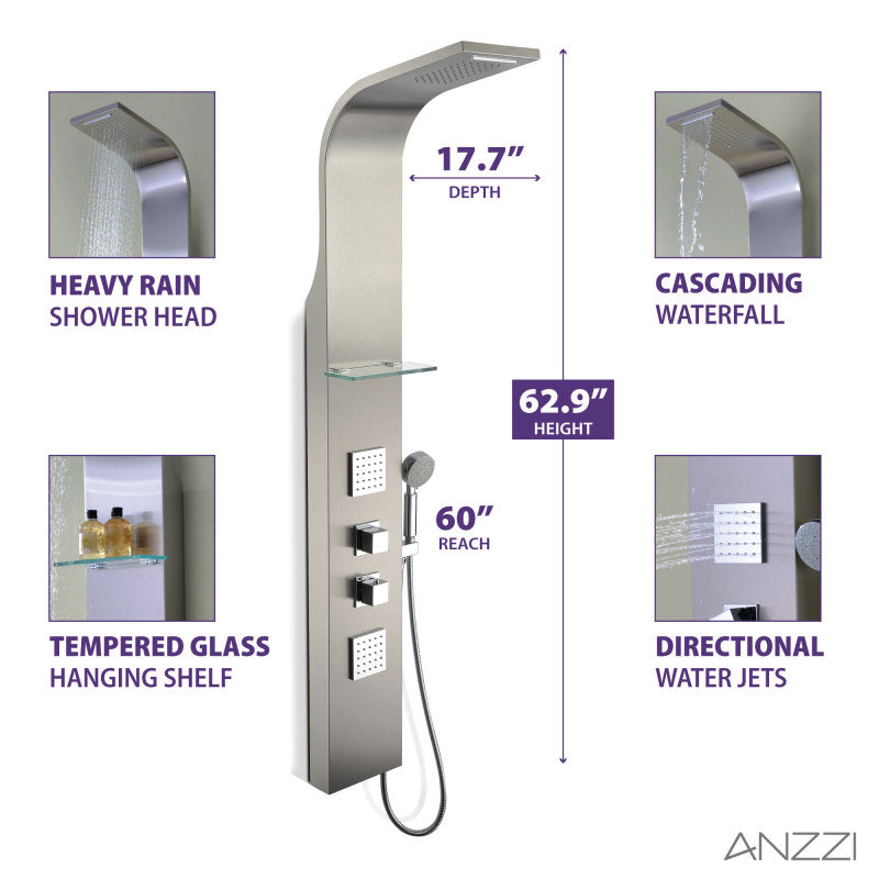 Niagara 64 in. 2-Jetted Shower Panel with Heavy Rain Shower and Spray Wand in Brushed Steel