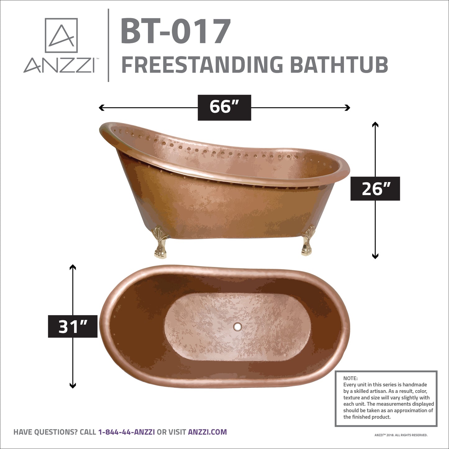 Sivas 66 in. Handmade Copper Slipper Clawfoot Non-Whirlpool Bathtub in Hammered Antique Copper