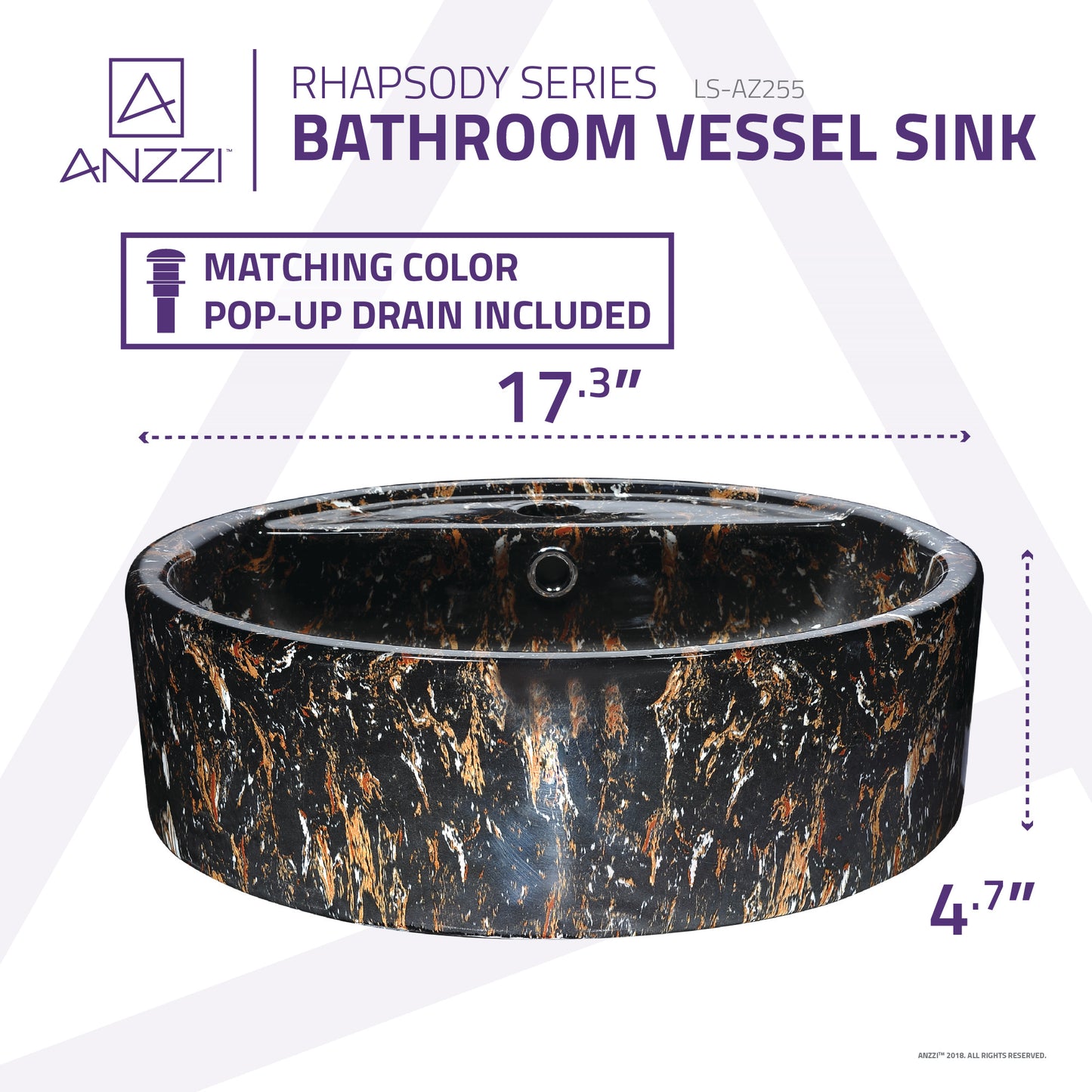 Rhapsody Series 17 in. Bathroom Vessel Sink with Matching Drain and Stain Resistant Surface in Neolith Marble Finish