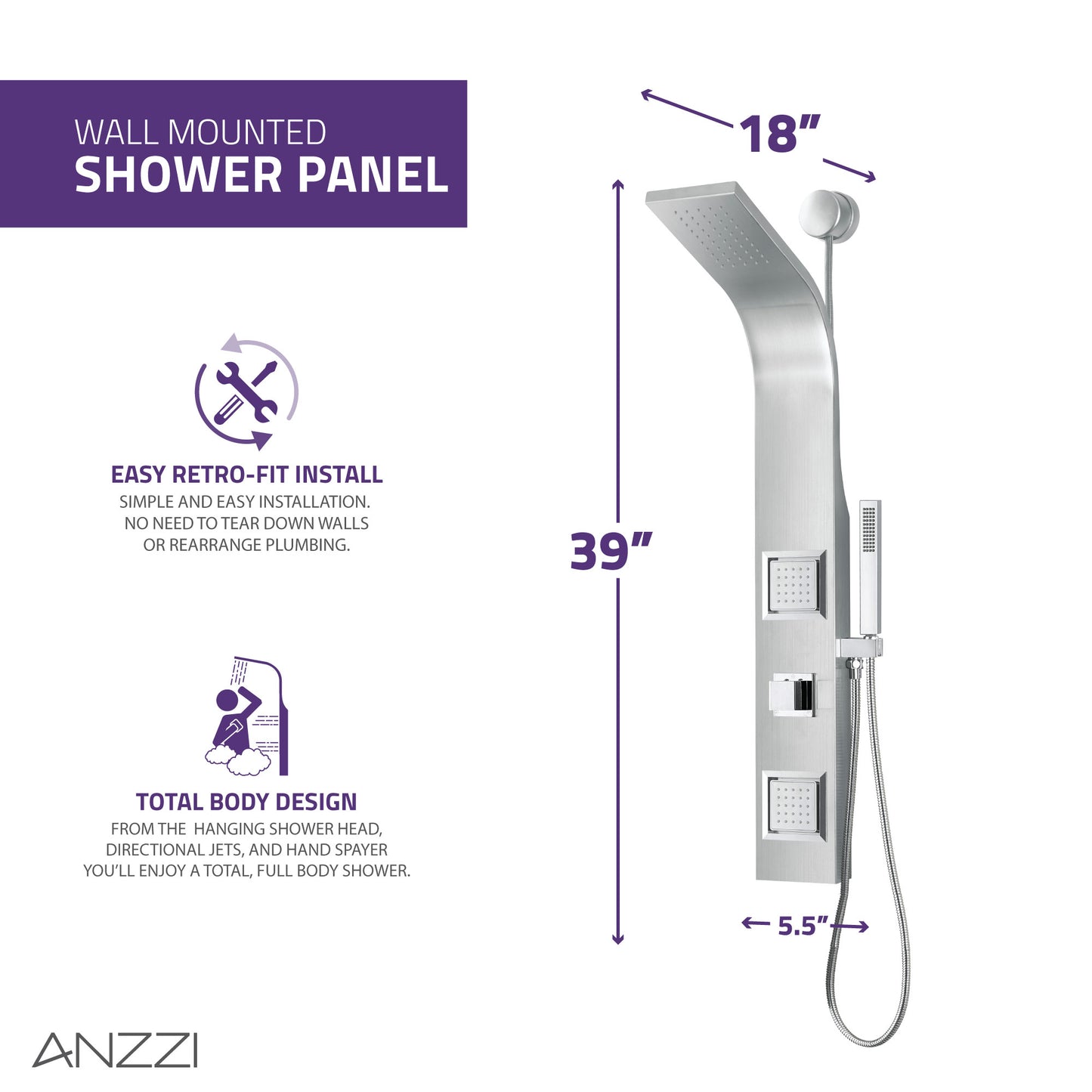 Aura 2-Jetted Shower Panel with Heavy Rain Shower & Spray Wand