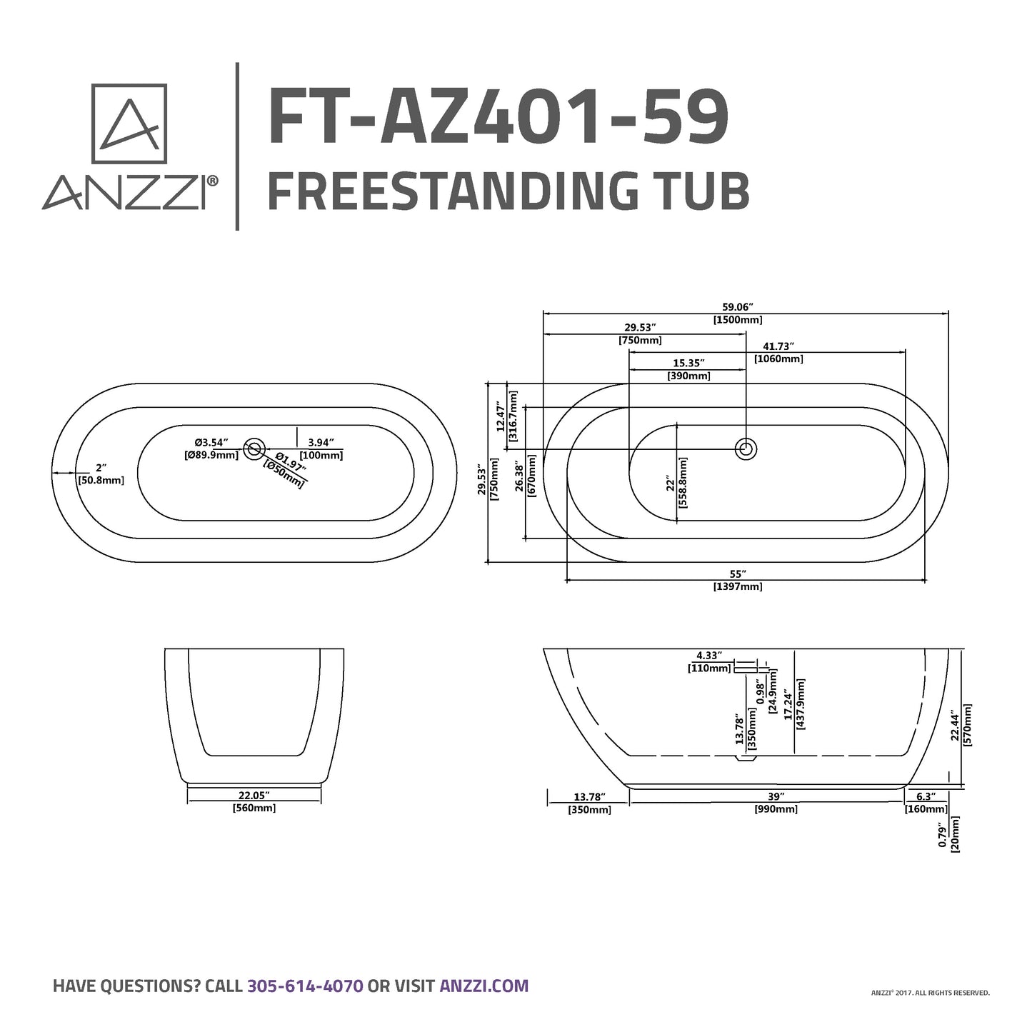 Ami Series 59 in. x 30 in. Flat Bottom Acrylic Freestanding 79 Gallon Soaking Bathtub with Center Drain in Glossy White