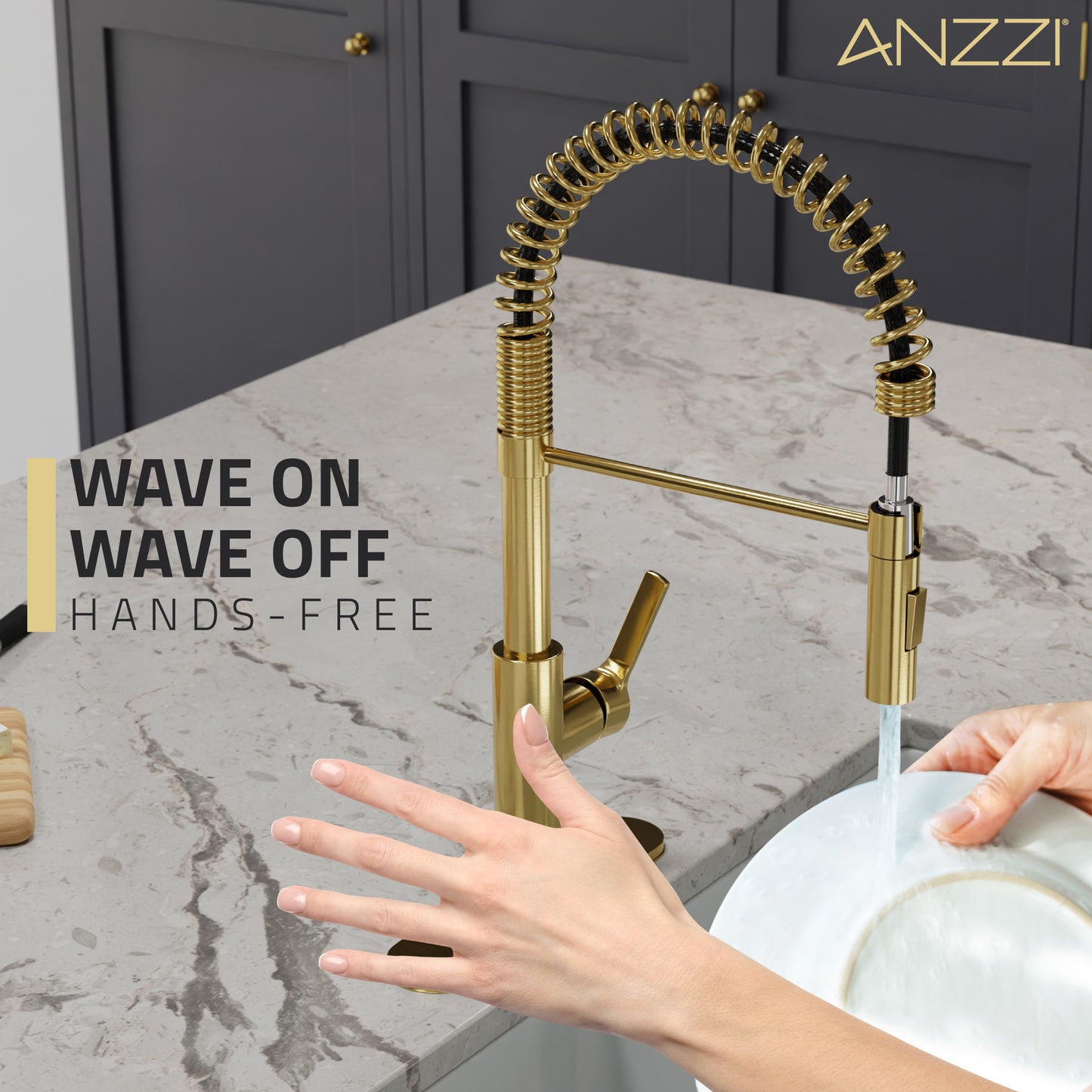KF-AZ303BG - ANZZI 13.8",Ola Hands Free Touchless 1-Handle Pull-Down Sprayer Kitchen Faucet with Motion Sense and Fan Sprayer in Brushed Gold