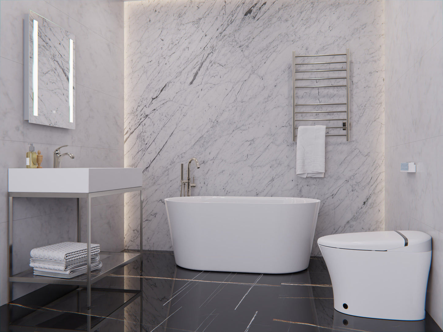 Chand Series 55 in. x 30 in. Flat Bottom Acrylic Freestanding Soaking Bathtub with Center Drain in Glossy White