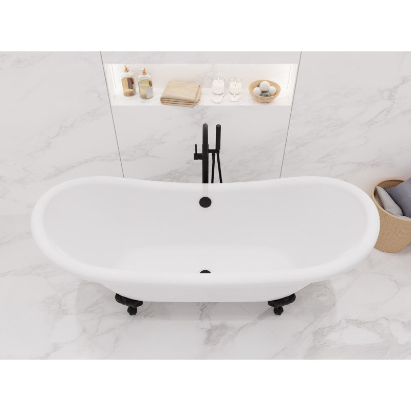 Falco Series 70 in. x 29 in. Soaking Freestanding Bathtub with Center Drain in Glossy White with Matte Black Feet