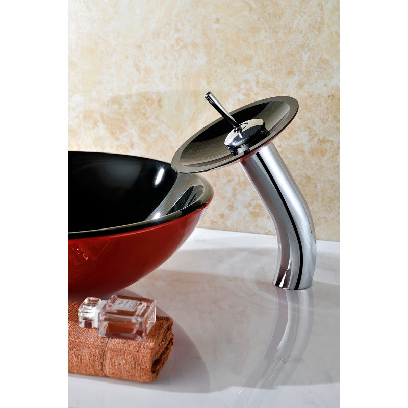 Chord Series Deco-Glass Vessel Sink in Lustrous Black and Red with Matching Chrome Waterfall Faucet