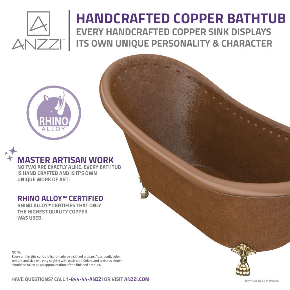 Sivas 66 in. Handmade Copper Slipper Clawfoot Non-Whirlpool Bathtub in Hammered Antique Copper