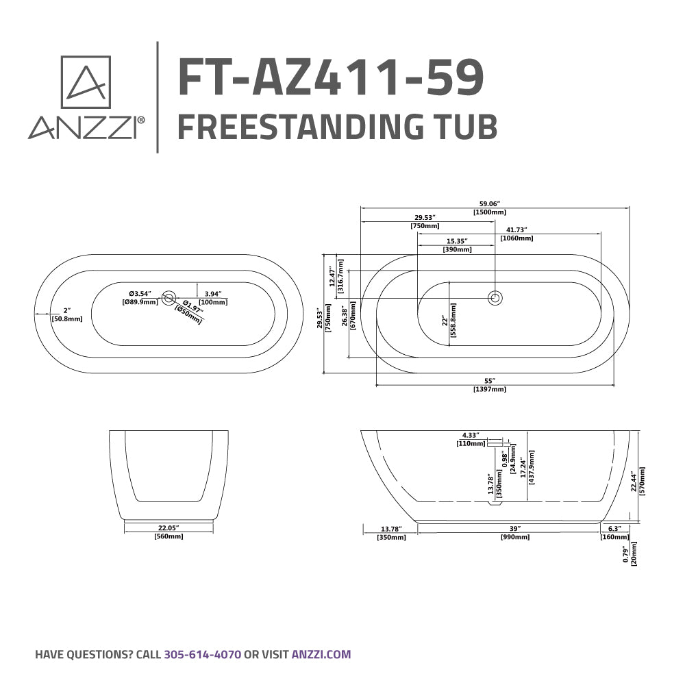 Britt Series 59 in. x 30 in. Flat Bottom Acrylic Freestanding Soaking Bathtub with Center Drain in Glossy White