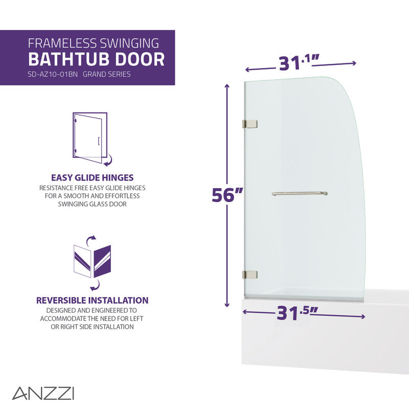 Grand Series 31.5 in. by 56 in. Frameless Hinged Tub Door in Brushed Nickel