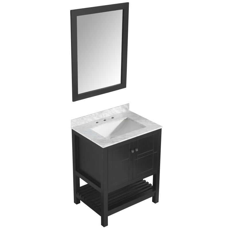 VT-MRCT1030-BK - Montaigne 30 in. W x 22 in. D Bath Vanity in Black with Marble Vanity Top in Carrara White with White Basin and Mirror