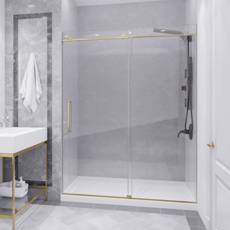 SD-AZ8077-02BG - Leon Series 60 in. x 76 in. H Sliding Frameless Shower Door in Brushed Gold  with Tsunami Guard Tempered Glass