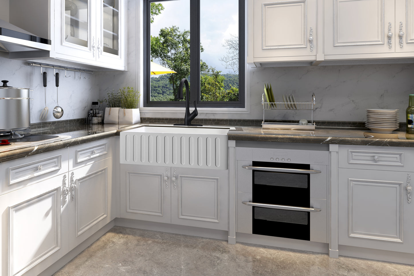 ANZZI Roine Farmhouse Reversible Apron Front Solid Surface Man Made Stone 30 inch Single Basin Kitchen Sink in White -Matte Finish