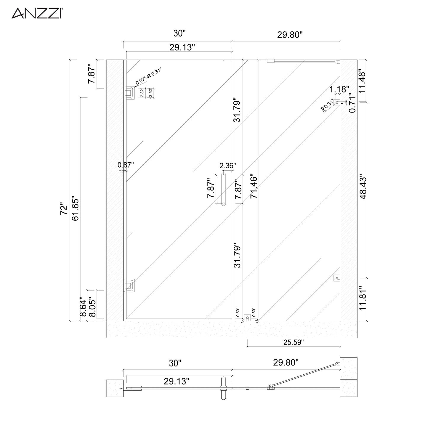 Consort Series 60 in. by 72 in. Frameless Hinged Alcove Shower Door with Handle