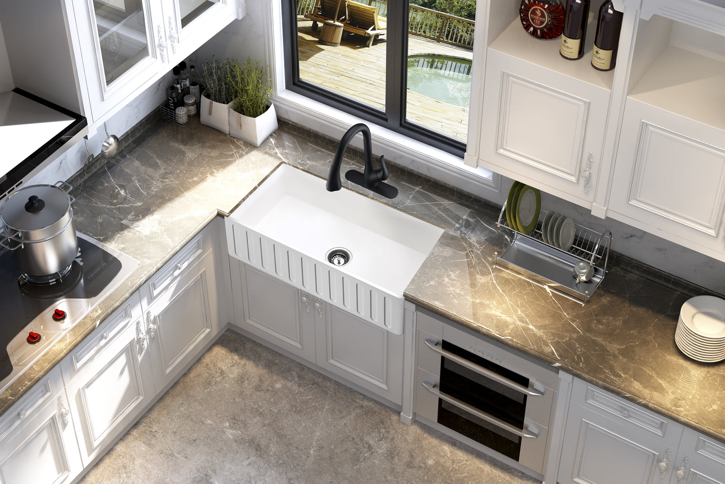 ANZZI Roine Farmhouse Reversible Apron Front Solid Surface Man Made Stone 30 inch Single Basin Kitchen Sink in White -Matte Finish