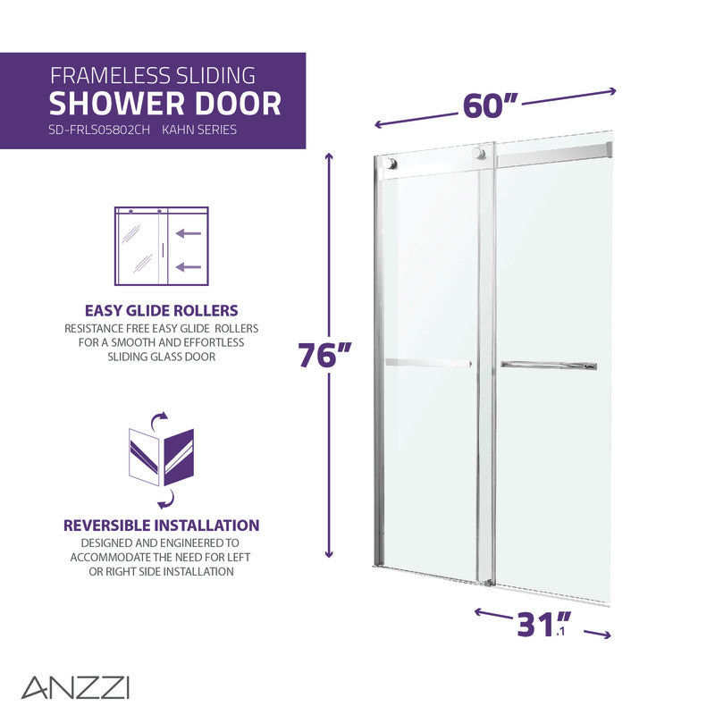Kahn Series 60 in. x 76 in. Frameless Sliding Shower Door with Horizontal Handle in Chrome