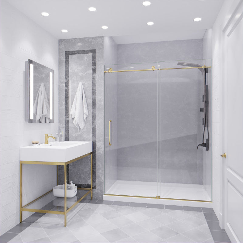 SD-AZ8077-02BG - Leon Series 60 in. x 76 in. H Sliding Frameless Shower Door in Brushed Gold with Tsunami Guard Tempered Glass