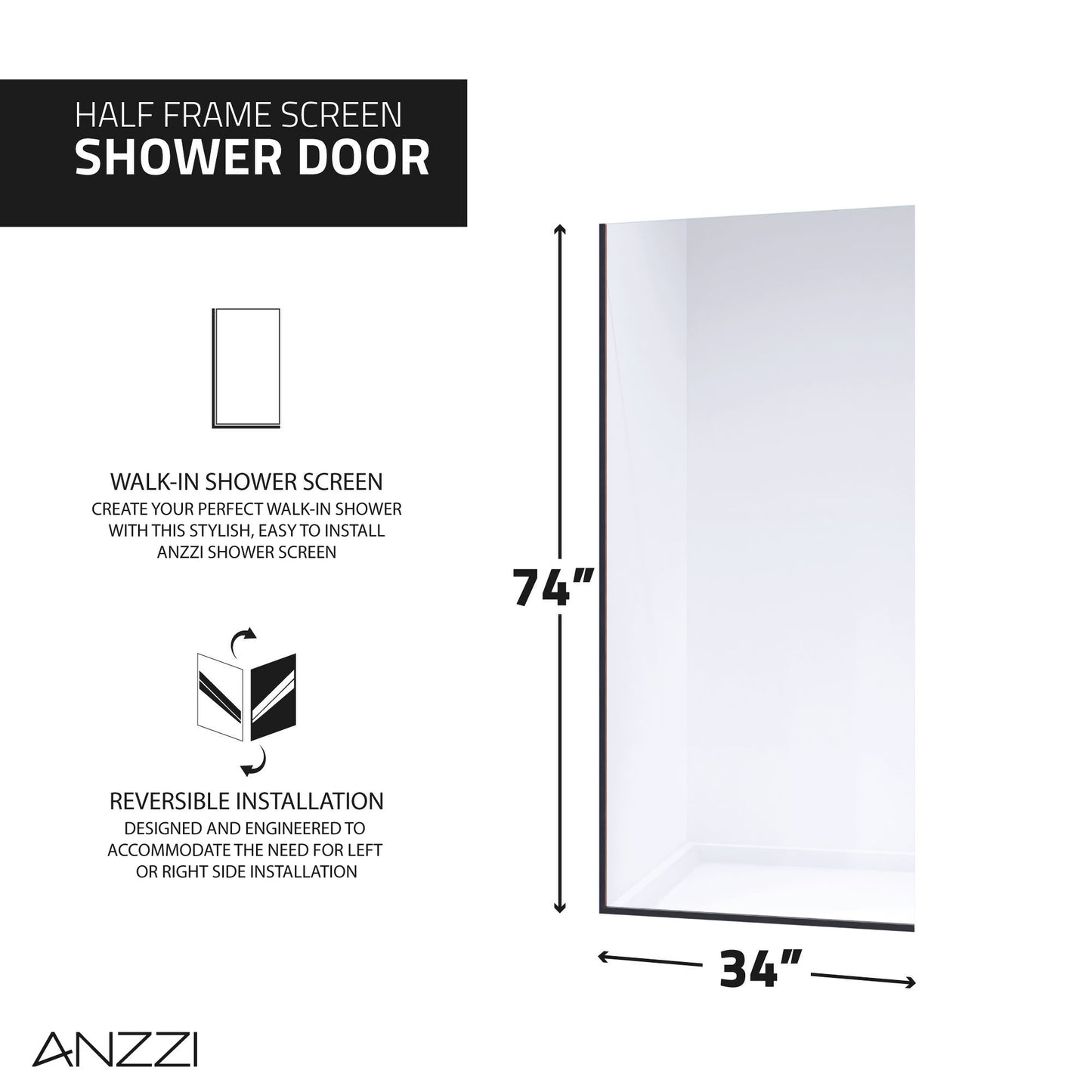 Veil Series 74 in. by 34 in. Framed Glass Shower Screen Shower Door