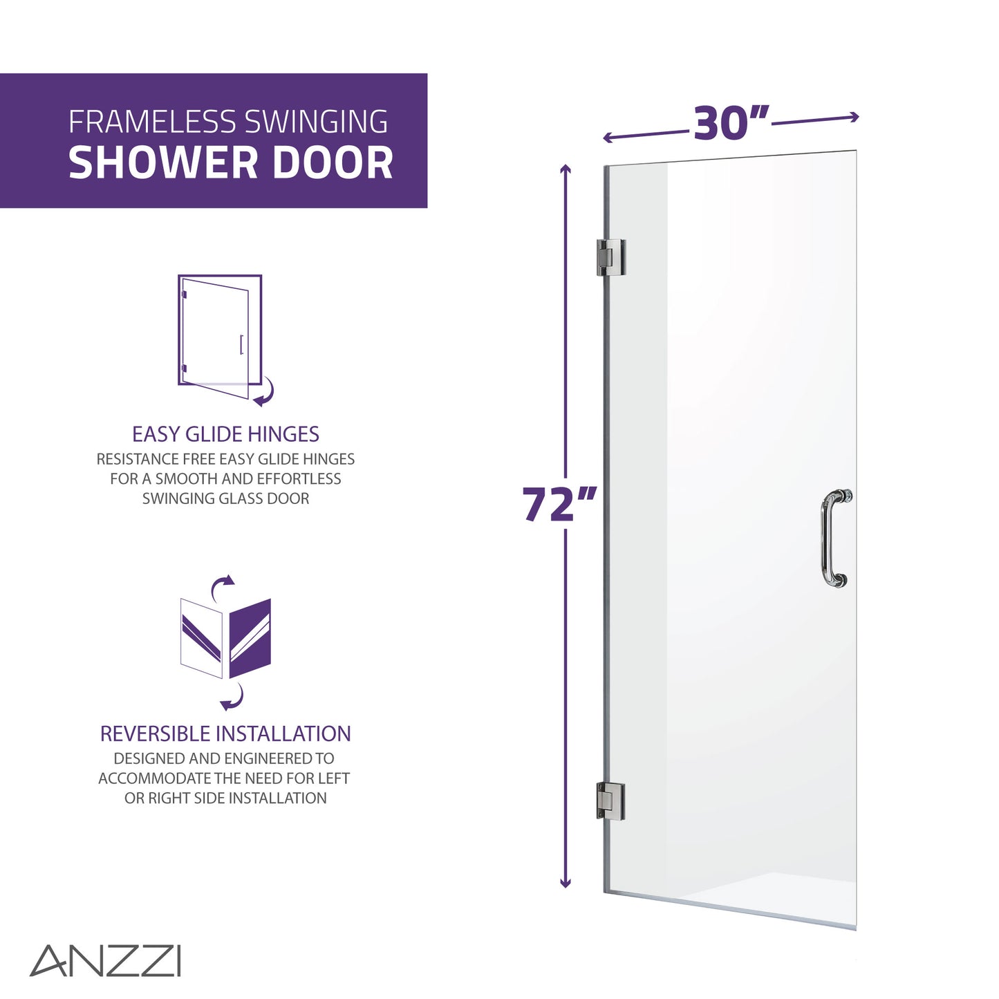 Passion Series 30 in. by 72 in. Frameless Hinged Shower Door with Handle