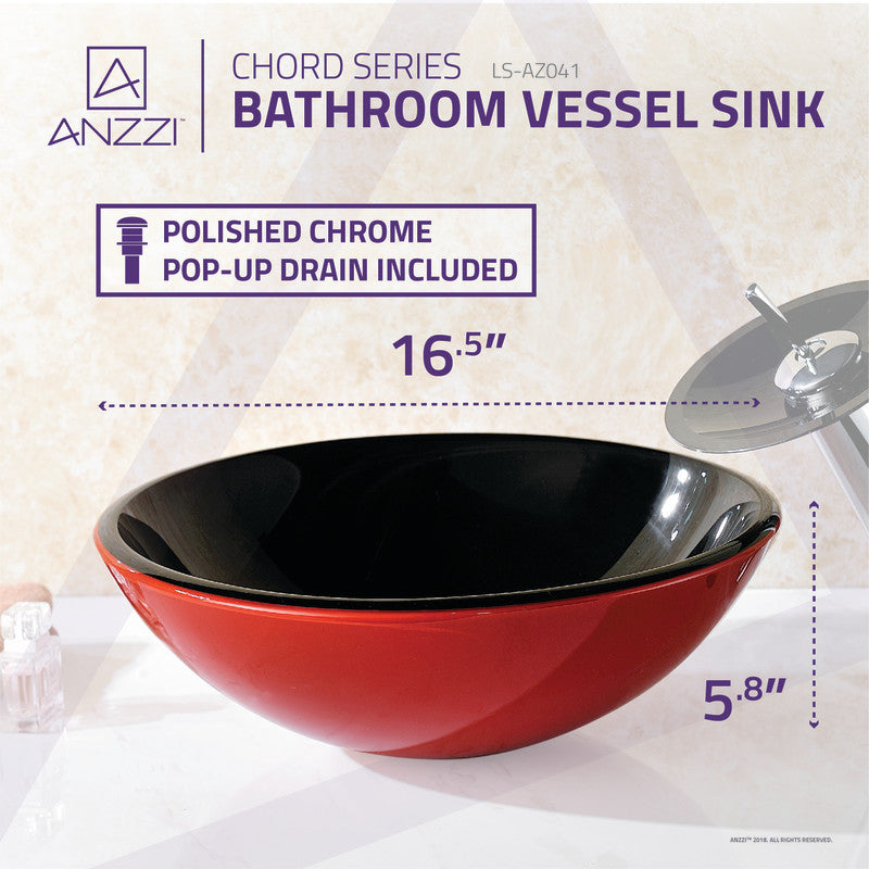 Chord Series Deco-Glass Vessel Sink in Lustrous Black and Red with Matching Chrome Waterfall Faucet