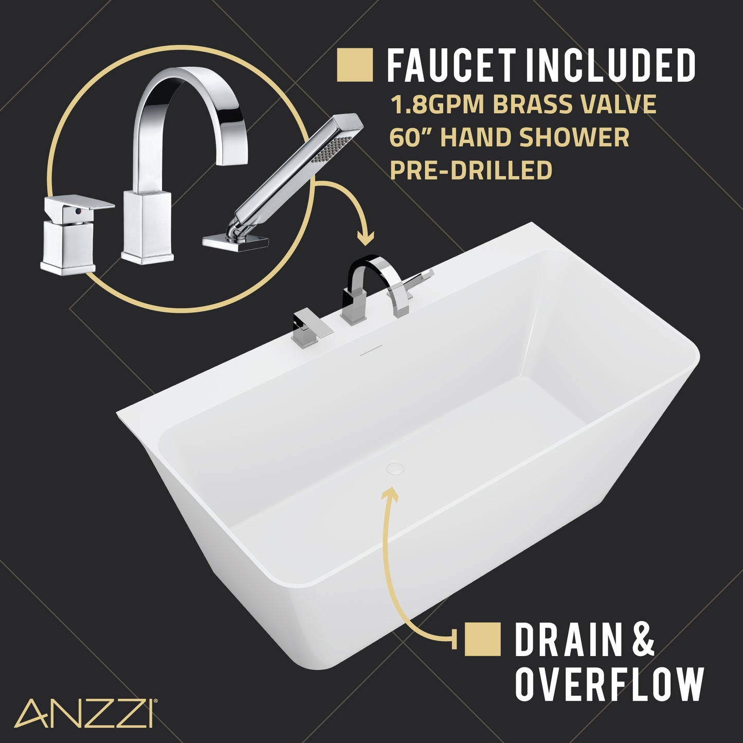 Vault Series 59 in. x 30 in. Flat Bottom Acrylic Freestanding Soaking Bathtub with Center Drain and Faucet in White