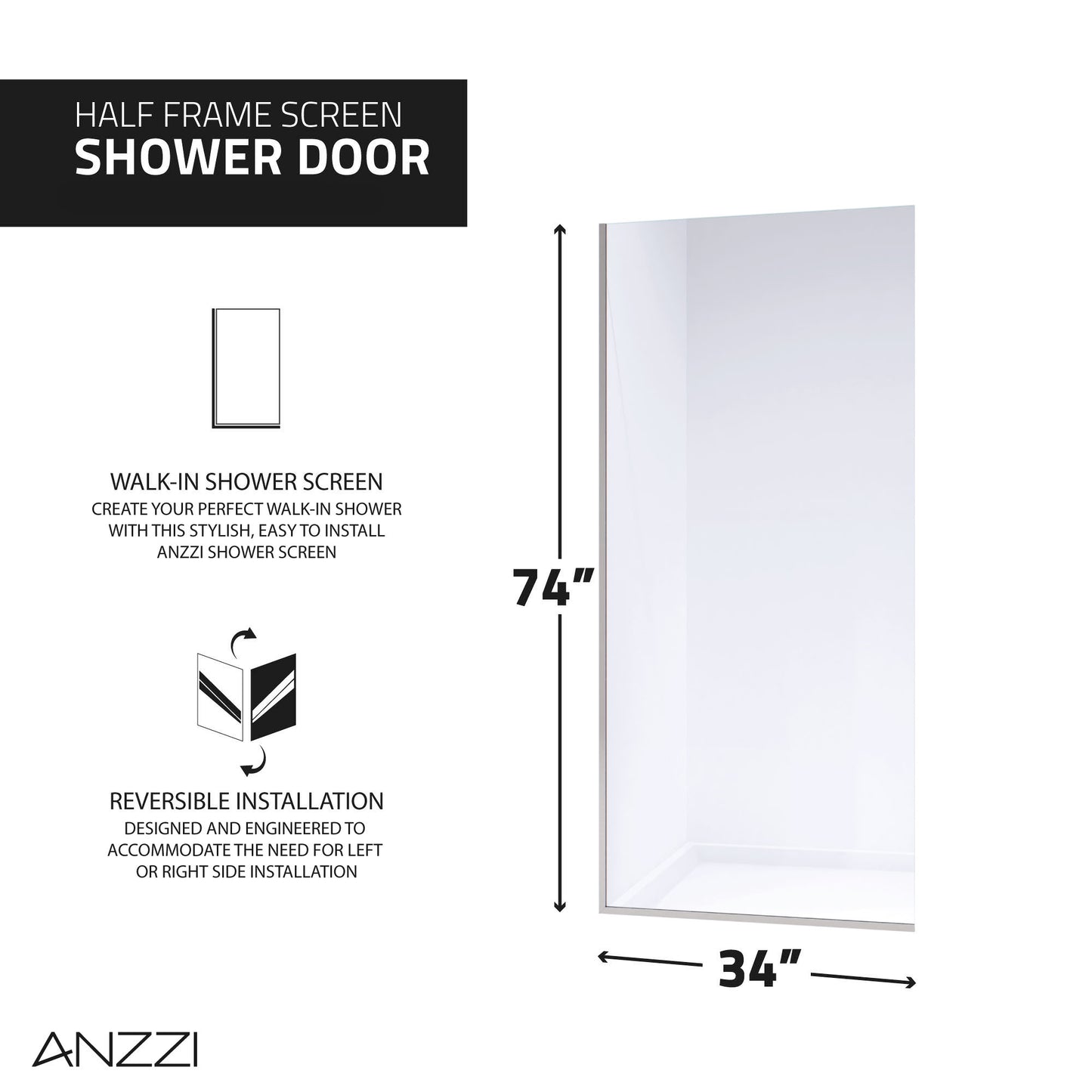 Veil Series 74 in. by 34 in. Framed Glass Shower Screen Shower Door