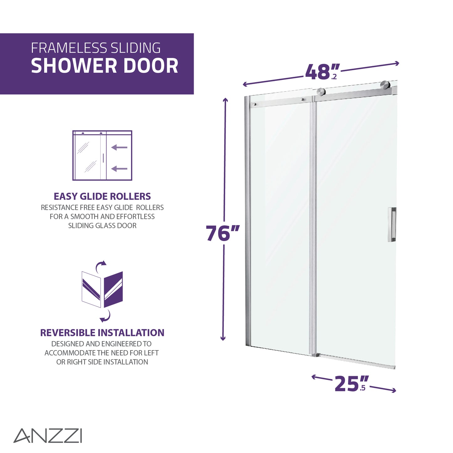 Rhodes Series 48 in. x 76 in. Frameless Sliding Shower Door with Handle