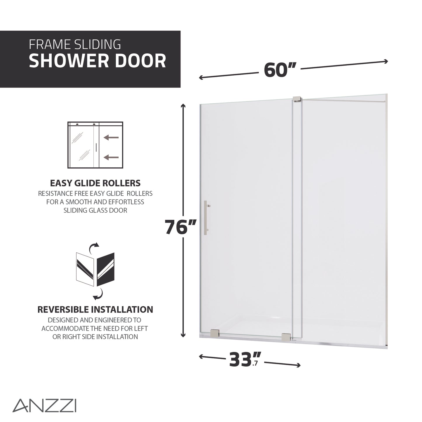 Longboat Series 60 in. x 76 in. Semi-Frameless Shower Door with TSUNAMI GUARD