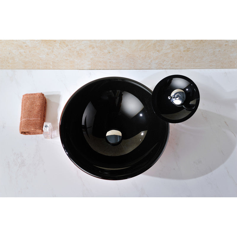 Chord Series Deco-Glass Vessel Sink in Lustrous Black and Red with Matching Chrome Waterfall Faucet