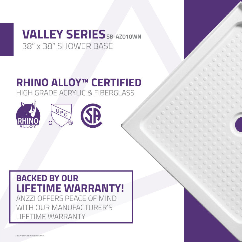 Valley Base Series 38 in. L x 38 in. W Corner Shower Shower Pan Base with Center Drain in Glossy White Marine Acrylic