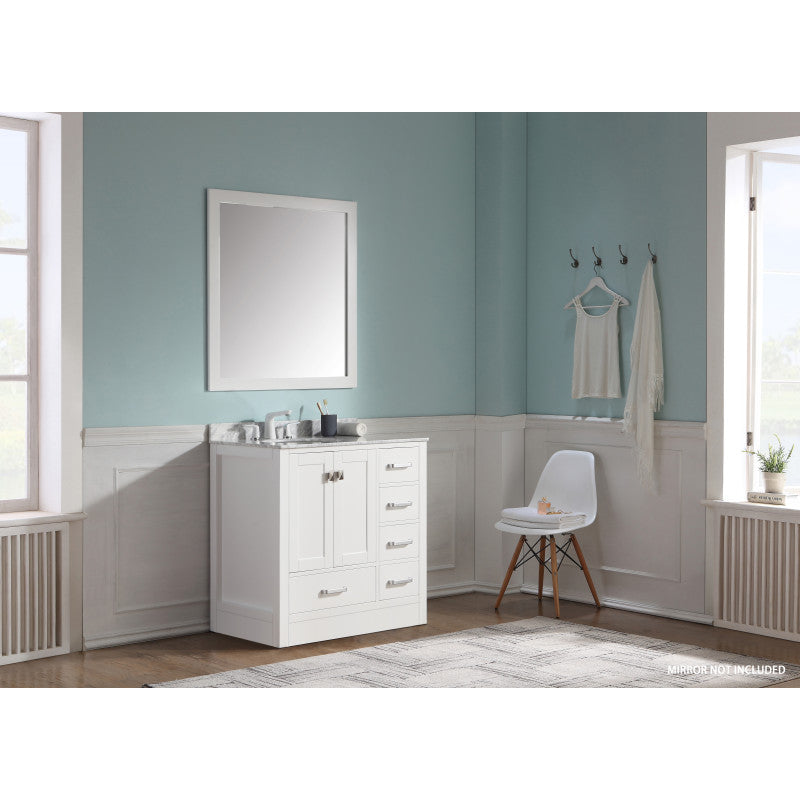 Chateau 36 in. W x 35 in. H Bath Vanity in Rich White with Carrara White Marble Vanity Top in Carrara White with White Basin