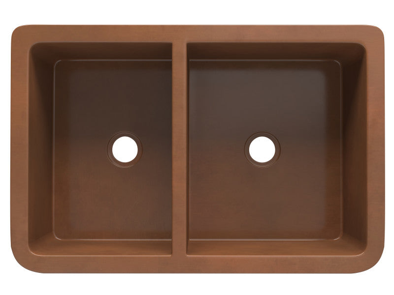 Moesia Farmhouse Handmade Copper 33 in. 60/40 Double Bowl Kitchen Sink with Floral Design in Polished Antique Copper
