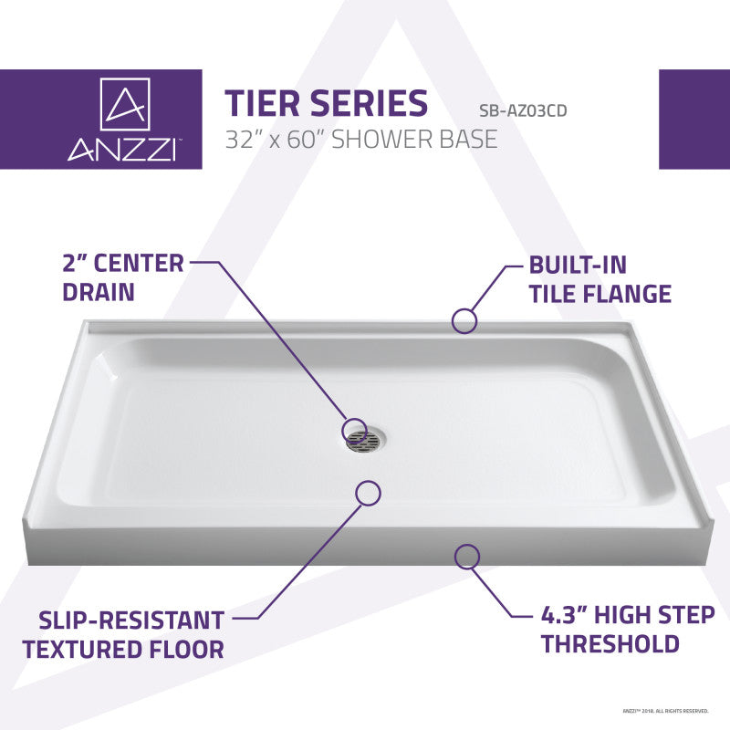 Tier 32 x 60  in. Single Threshold Shower Base in White