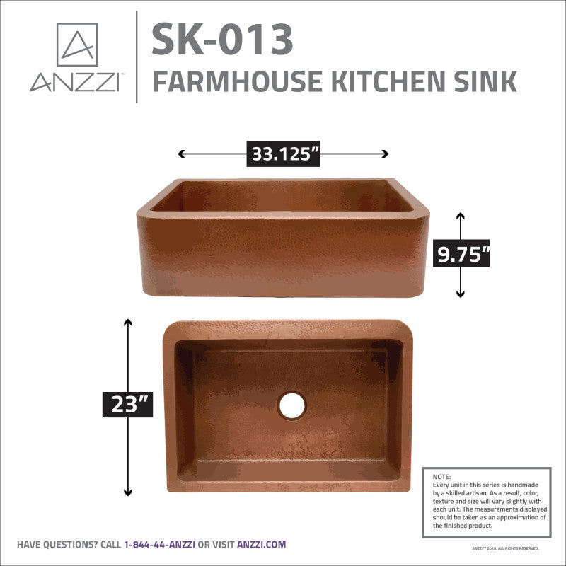Miletus Farmhouse Handmade Copper 33 in. 0-Hole Single Bowl Kitchen Sink in Hammered Antique Copper