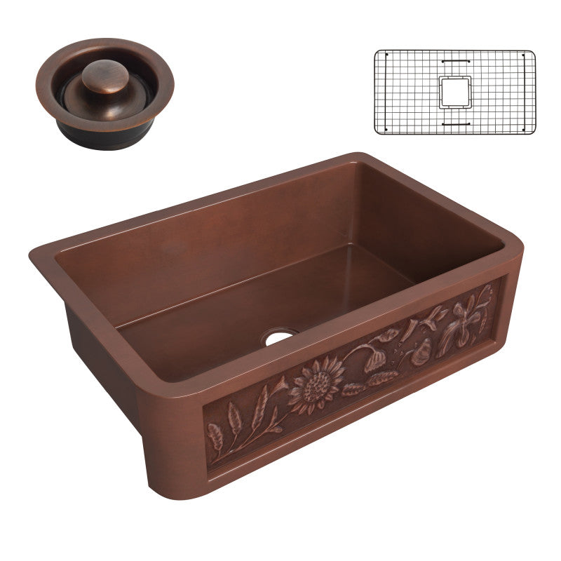 Anatolian Farmhouse Handmade Copper 33 in. 0-Hole Single Bowl Kitchen Sink with Sunflower Design Panel in Polished Antique Copper