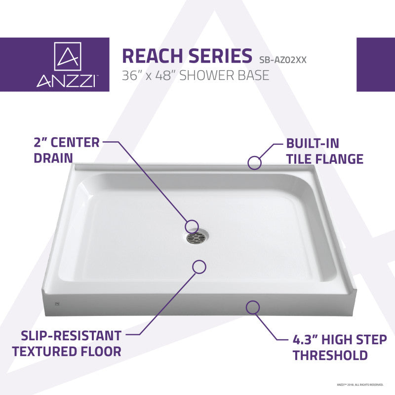 Reach Base Series 36 in. L x 48 in. W Alcove Shower Shower Pan Base with Center Drain in Glossy White Marine Acrylic