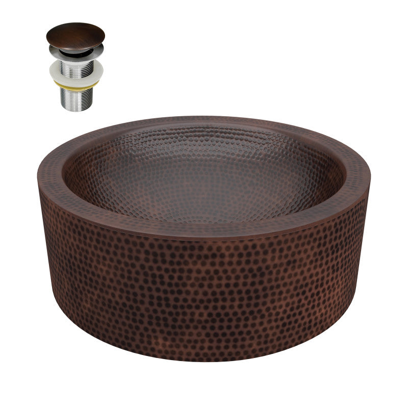 BS-013 - Triens Series 16 in. L x 16. W Handcrafted Round Bathroom Vessel Sink with Center Push Drain in Hammered Antique Copper