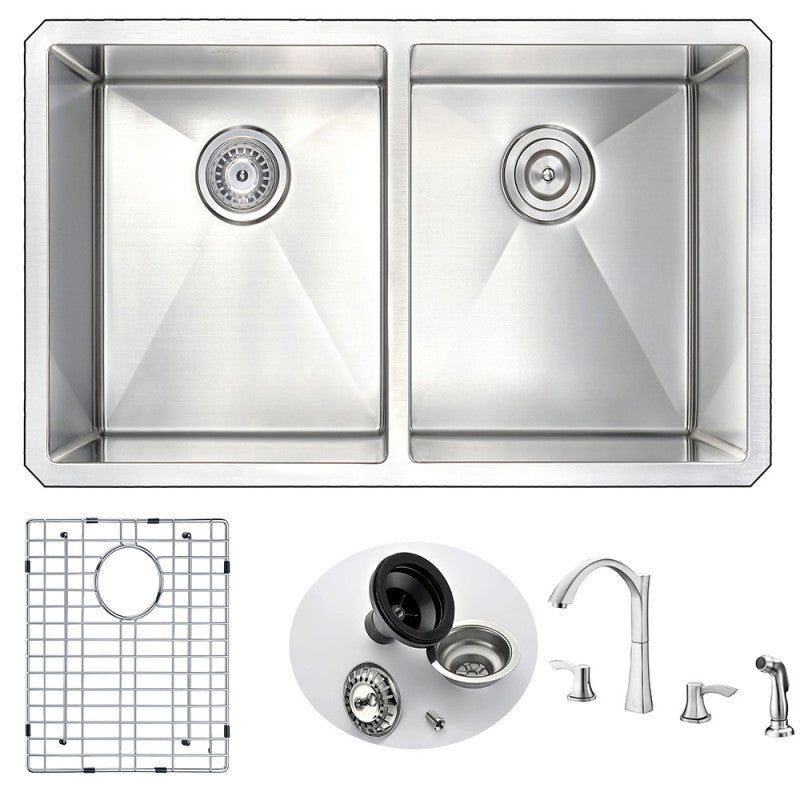 VANGUARD Undermount 32 in. Double Bowl Kitchen Sink with Soave Faucet in Brushed Nickel