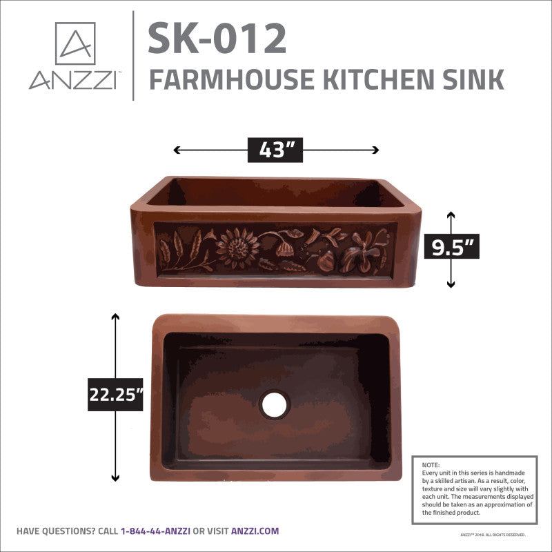 Anatolian Farmhouse Handmade Copper 33 in. 0-Hole Single Bowl Kitchen Sink with Sunflower Design Panel in Polished Antique Copper