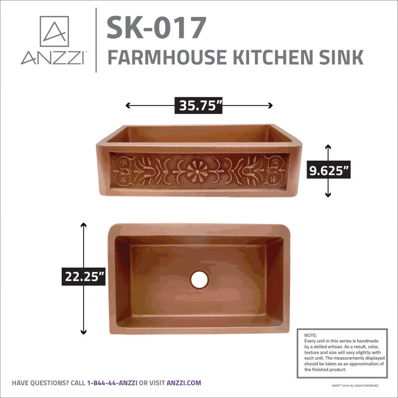 Thracian Farmhouse Handmade Copper 36 in. 0-Hole Single Bowl Kitchen Sink with Flower Design Panel in Polished Antique Copper