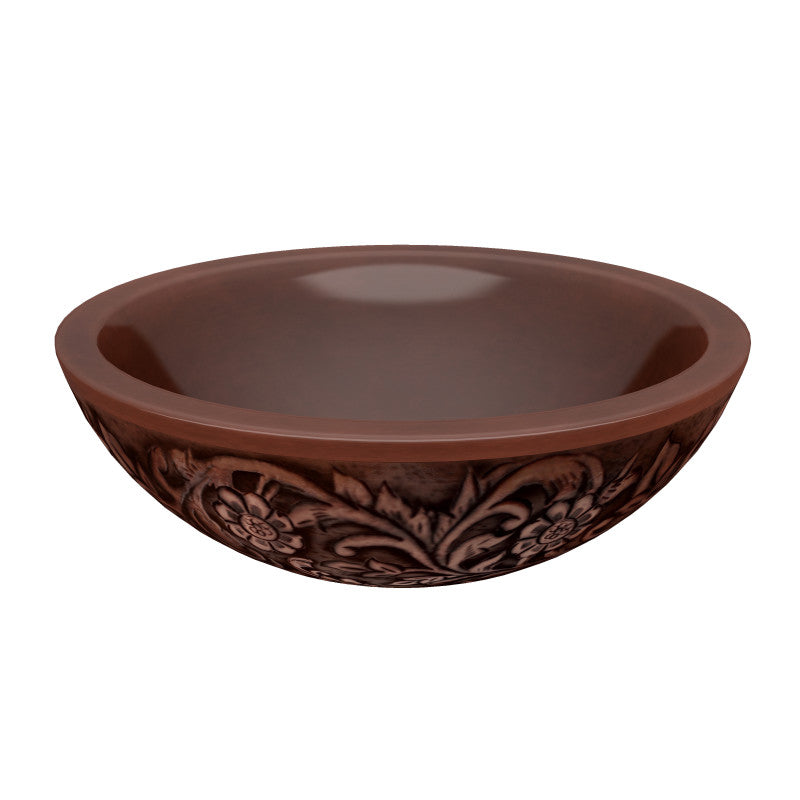 Swell 16 in. Handmade Vessel Sink in Polished Antique Copper with Floral Design Exterior