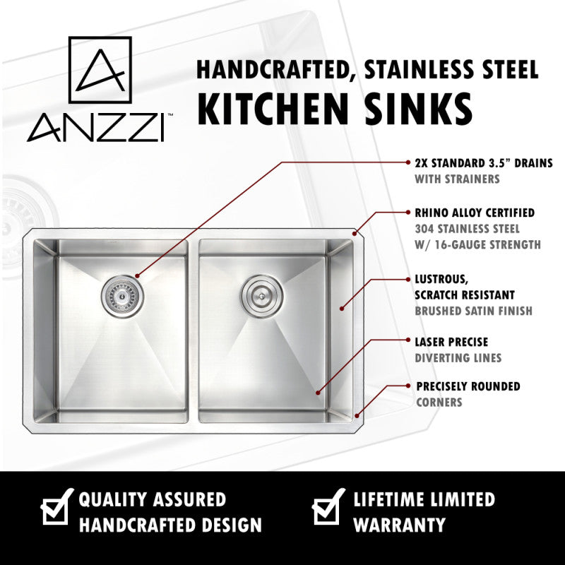VANGUARD Undermount 32 in. Double Bowl Kitchen Sink with Soave Faucet in Brushed Nickel