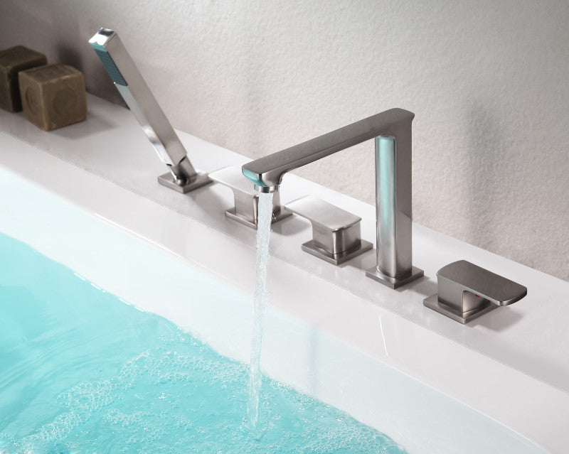 Shore 3-Handle Deck-Mount Roman Tub Faucet with Handheld Sprayer in Brushed Nickel