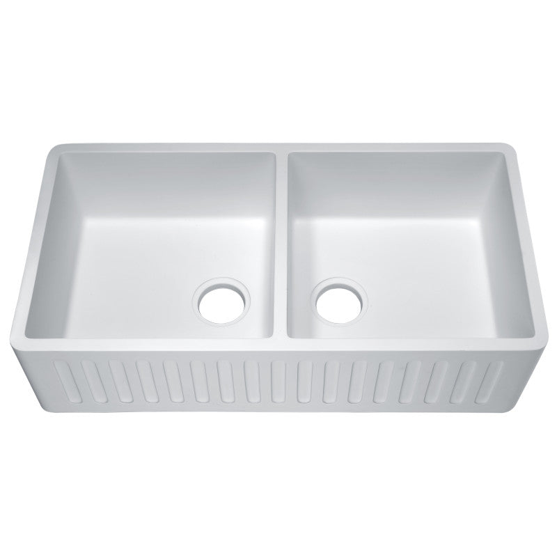 Roine Farmhouse Reversible Apron Front Solid Surface 35 in. Double Basin Kitchen Sink in White