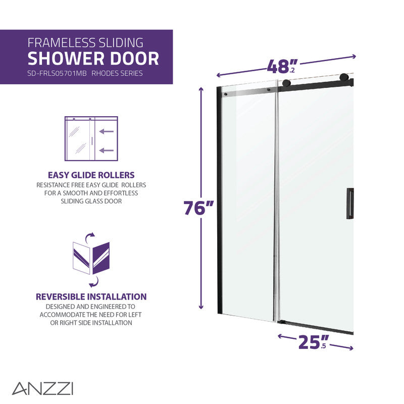 Rhodes Series 48 in. x 76 in. Frameless Sliding Shower Door with Handle in Matte Black