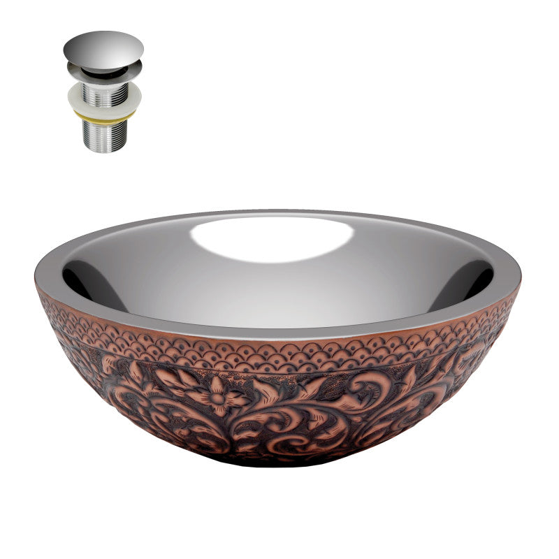 BS-012 - Crete 14 in. Handmade Vessel Sink in Polished Antique Copper with Nickel Interior and Floral Design Exterior