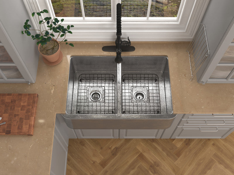 Bengal Farmhouse Handmade Copper 33 in. 50/50 Double Bowl Kitchen Sink in Hammered Nickel