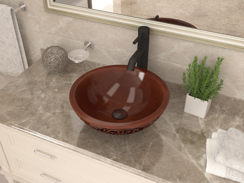 Pisces 16 in. Handmade Vessel Sink in Polished Antique Copper with Floral Design Exterior