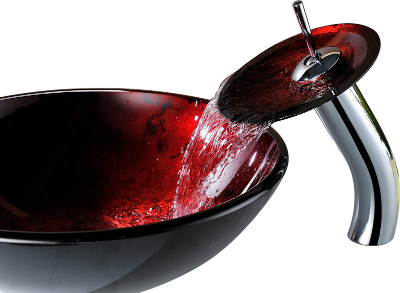Marumba Deco-Glass Vessel Sink in Tempered Red and Black with Matching Chrome Waterfall Faucet